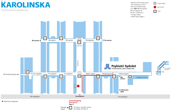 skiss över huvudingången, röd linje visar riktningen första höger på Medicingatan